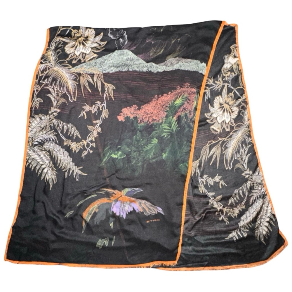 Etro Black and Orange Botanical Bird Print Scarf